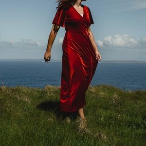 Deep red velvet true wrap dress